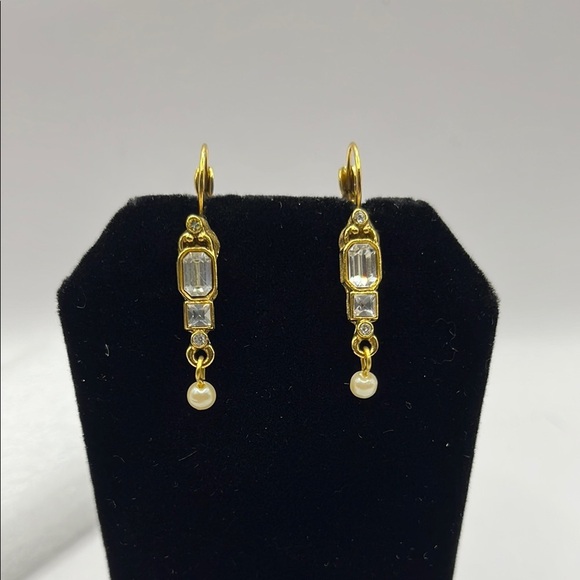 1928 Gold and White Linear Drop Earrings with Rhinestones - Picture 1 of 11